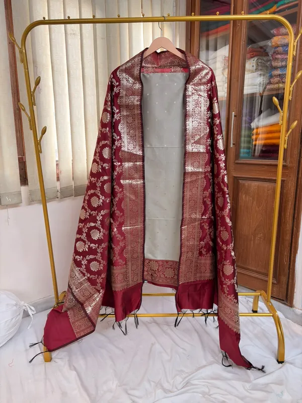 Grey__And__Maroon_Soft_Silk_Unstitched_Suit_Set_Material_For_Women