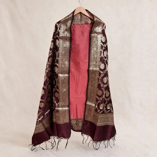 Pink__And__Maroon_Soft_Silk_Unstitched_Suit_Set_Material_For_Women