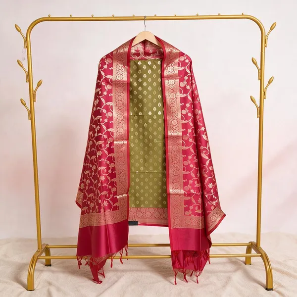 Olive_Green__And__Red_Soft_Silk_Unstitched_Suit_Set_Material_For_Women