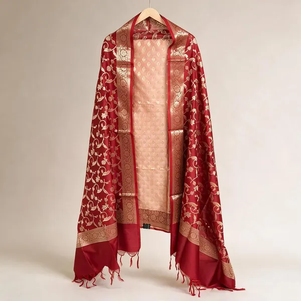 Peach__And__Red_Soft_Silk_Unstitched_Suit_Set_Material_For_Women