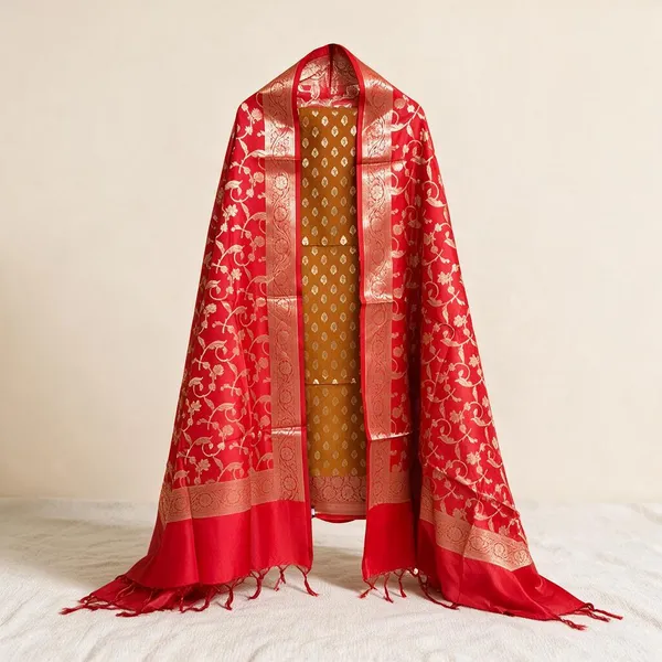 Mustard__And__Red_Soft_Silk_Unstitched_Suit_Set_Material_For_Women