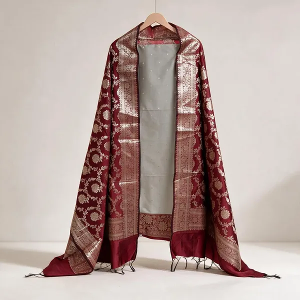 Grey__And__Maroon_Soft_Silk_Unstitched_Suit_Set_Material_For_Women