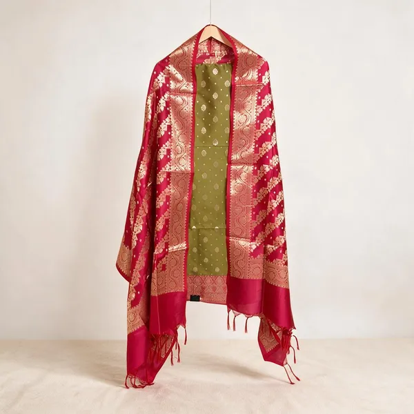 Olive_Green__And__Red_Soft_Silk_Unstitched_Suit_Set_Material_For_Women