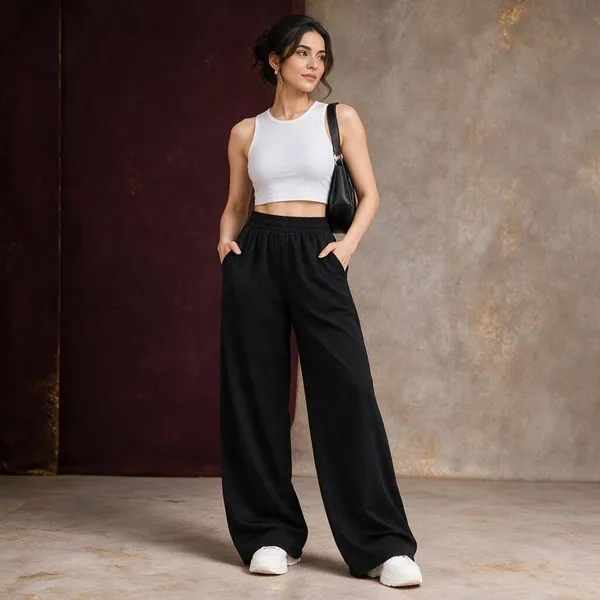 Black_Cotton_Lycra_Wide_Leg_Elasticated_Pants_For_Women