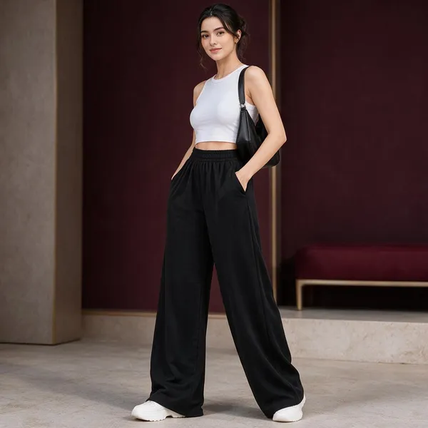Black_Cotton_Lycra_Wide_Leg_Elasticated_Pants_For_Women