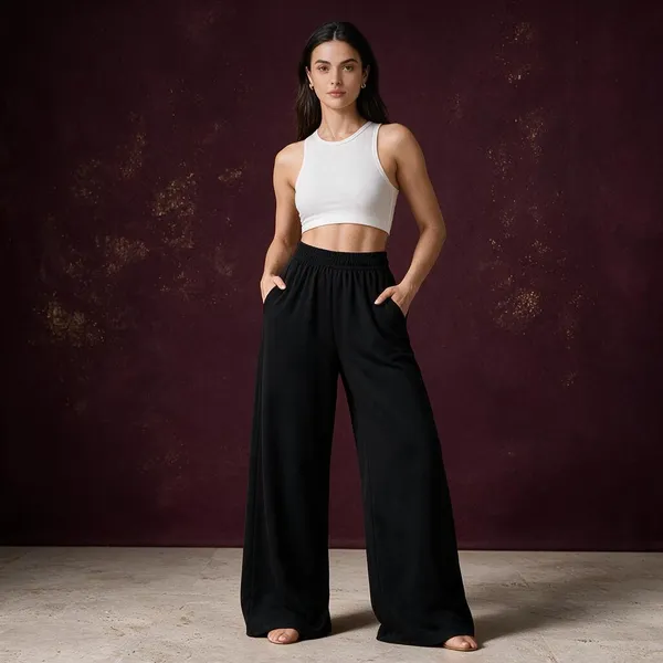Black_Cotton_Lycra_Wide_Leg_Elasticated_Pants_For_Women