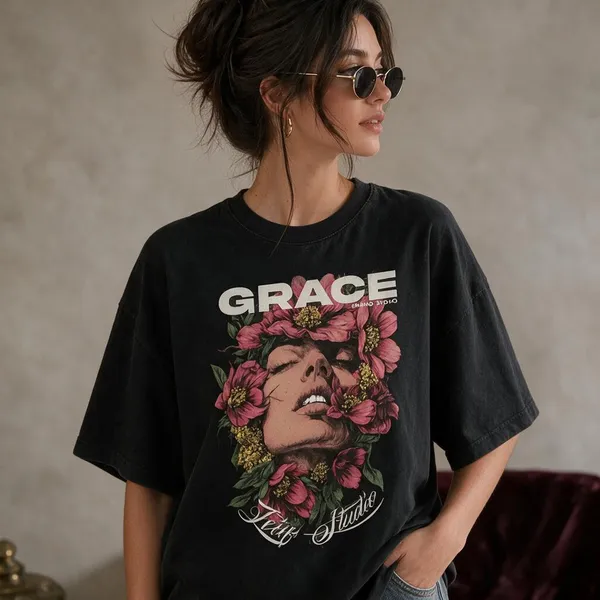 Black_Cotton_Lycra_Oversized_Floral_Face_Graphic_T-Shirt_For_Women