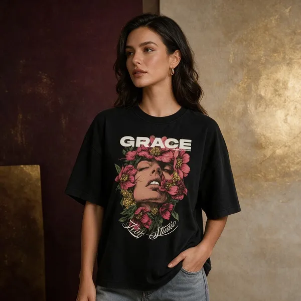 Black_Cotton_Lycra_Oversized_Floral_Face_Graphic_T-Shirt_For_Women