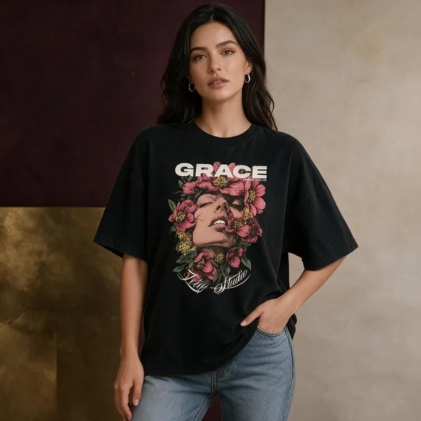 Black_Cotton_Lycra_Oversized_Floral_Face_Graphic_T-Shirt_For_Women