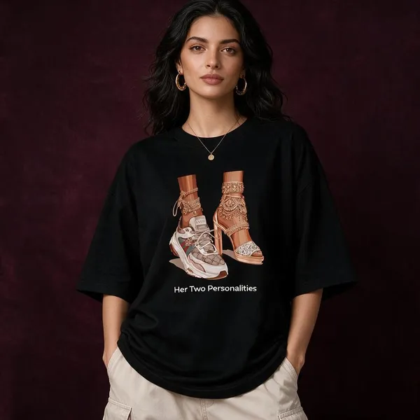 Black_Cotton_Lycra_Oversized_Her_Two_Personalities_Graphic_T-Shirt_For_Women