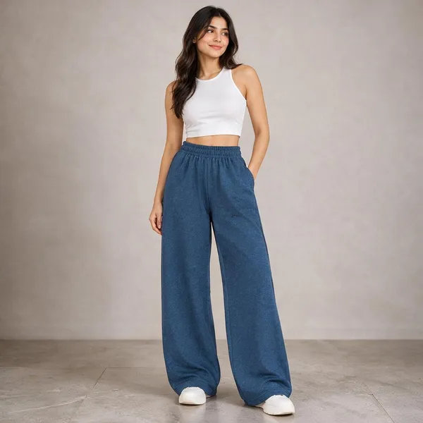Blue_Cotton_Lycra_Wide_Leg_Elasticated_Pants_For_Women