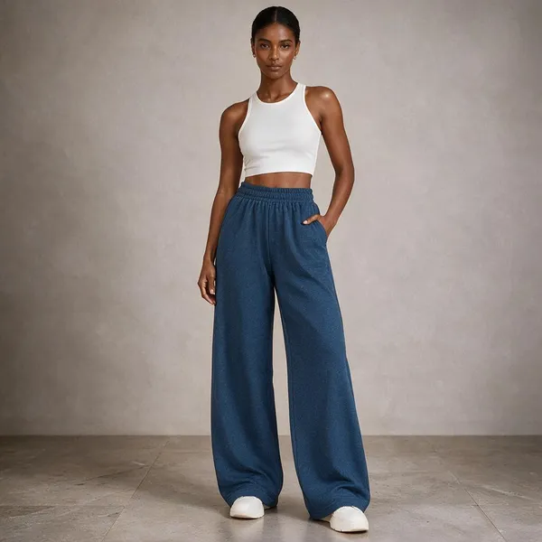 Blue_Cotton_Lycra_Wide_Leg_Elasticated_Pants_For_Women