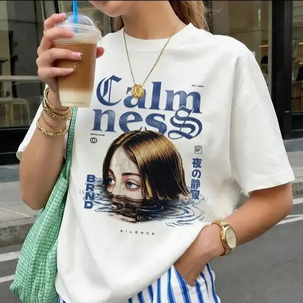 White_Cotton_Lycra_Oversized_Blue_Graphic_Print_T-Shirt_For_Women