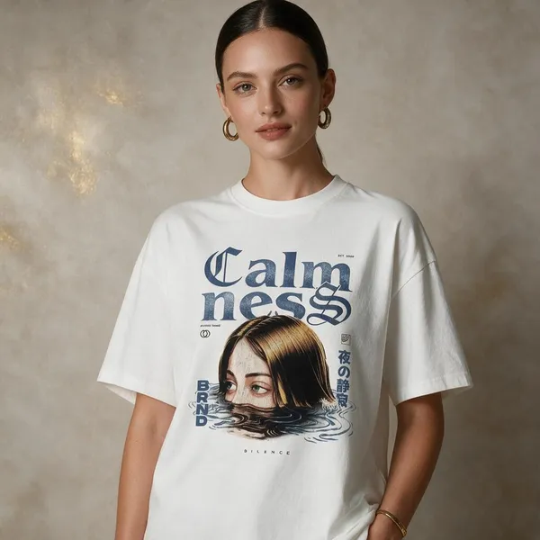 White_Cotton_Lycra_Oversized_Blue_Graphic_Print_T-Shirt_For_Women