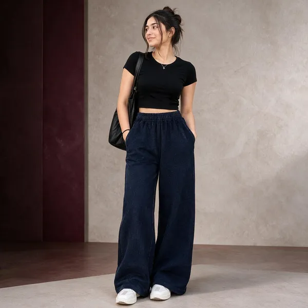 Navy_Blue_Cotton_Lycra_Wide_Leg_Elasticated_Pants_For_Women