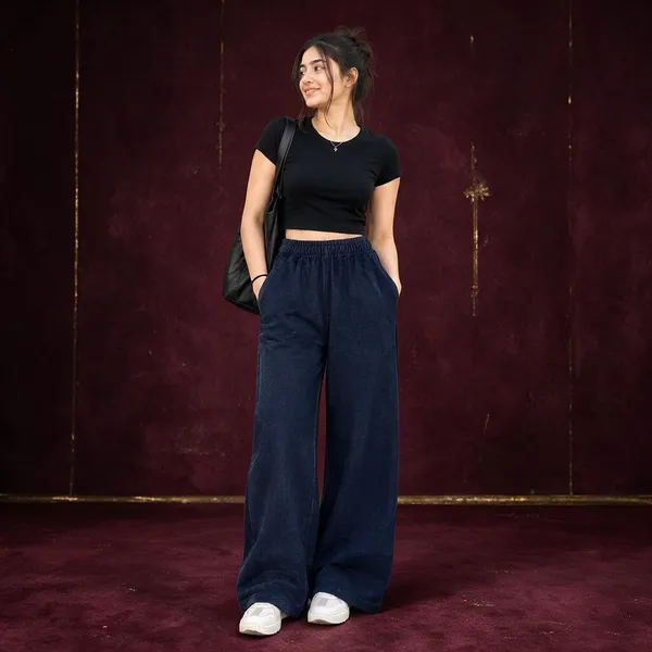 Navy_Blue_Cotton_Lycra_Wide_Leg_Elasticated_Pants_For_Women