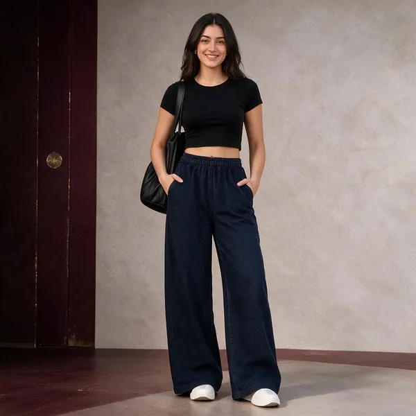 Navy_Blue_Cotton_Lycra_Wide_Leg_Elasticated_Pants_For_Women