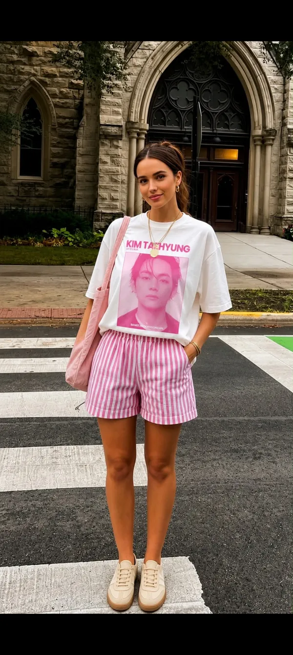 White_Graphic_T-Shirt_And_Pink_Striped_T_ShirtSet_for_Women