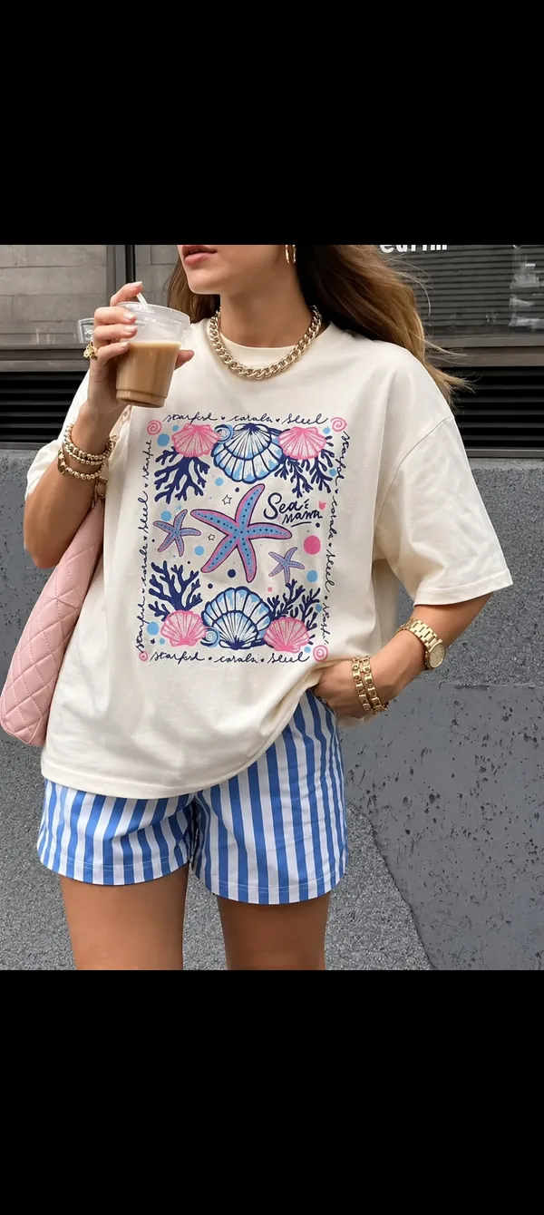 White_Graphic_T-Shirt_And_Blue_Striped_T_ShirtSet_For_Women