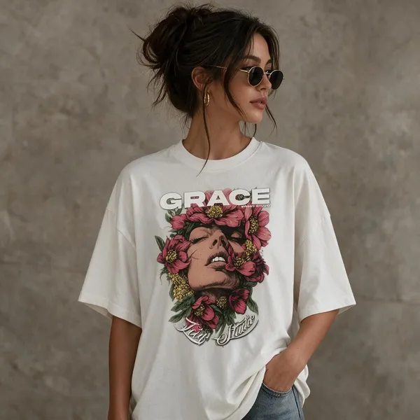 Off-White_Cotton_Lycra_Oversized_Floral_Face_Graphic_T-Shirt_For_Women
