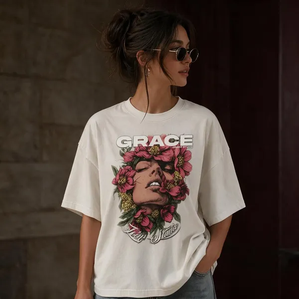 Off-White_Cotton_Lycra_Oversized_Floral_Face_Graphic_T-Shirt_For_Women