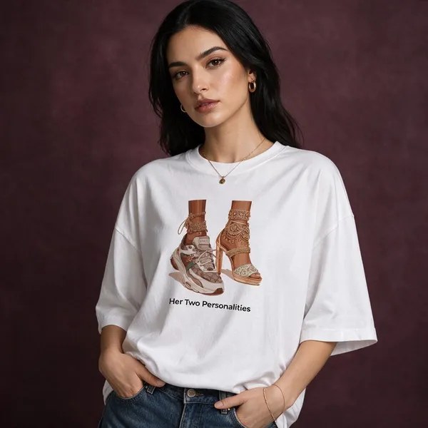White_Cotton_Lycra_Oversized_Her_Two_Personalities_Graphic_T-Shirt_For_Women