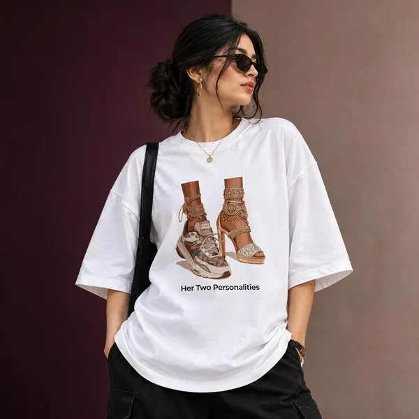 White_Cotton_Lycra_Oversized_Her_Two_Personalities_Graphic_T-Shirt_For_Women