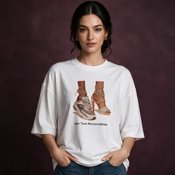 White_Cotton_Lycra_Oversized_Her_Two_Personalities_Graphic_T-Shirt_For_Women