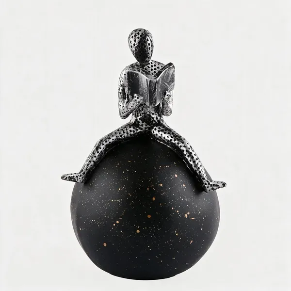 Resin_Decorative_Black_Silver_Seated_Reader_Sculpture