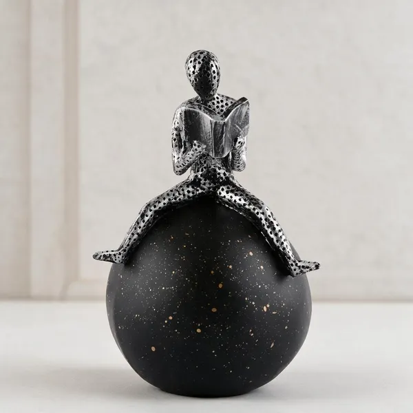 Resin_Decorative_Black_Silver_Seated_Reader_Sculpture