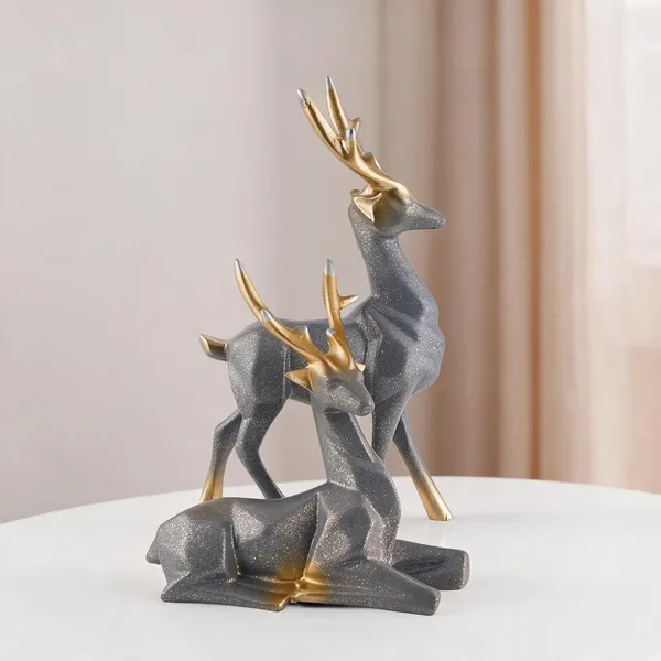 Resin_Contemporary_Grey_Gold_Geometric_Deer_Figurine_Set