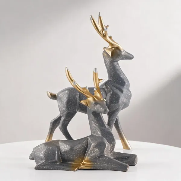 Resin_Contemporary_Grey_Gold_Geometric_Deer_Figurine_Set