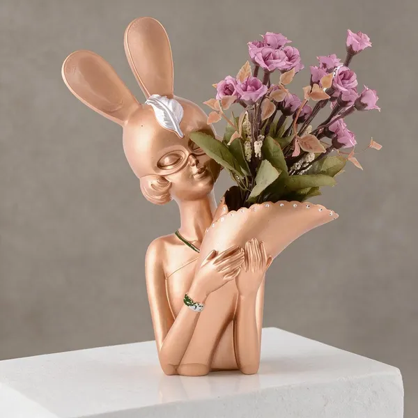 Peach_Resin_Whimsical_Rabbit_Ear_Bust_Floral_Showpiece