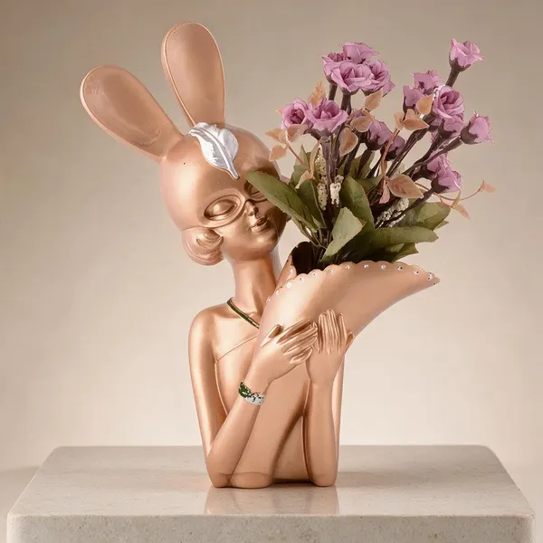 Peach_Resin_Whimsical_Rabbit_Ear_Bust_Floral_Showpiece