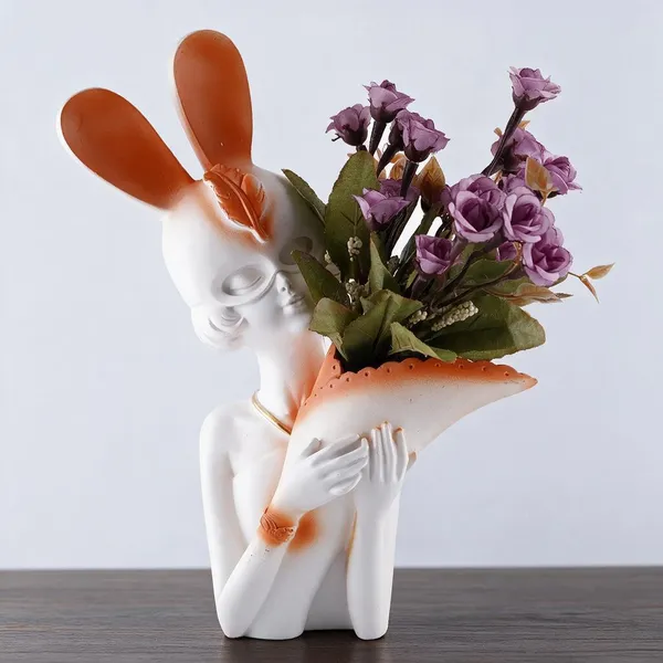 Resin_Decorative_White_Orange_Rabbit_Lady_Sculptural_Flower_Vase