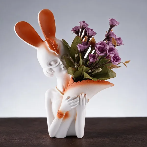 Resin_Decorative_White_Orange_Rabbit_Lady_Sculptural_Flower_Vase