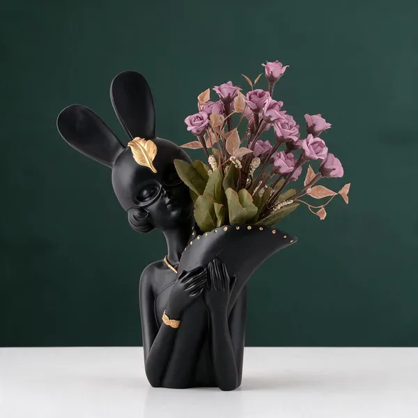 Resin_Artistic_Black_Rabbit_Bust_Floral_Figurine