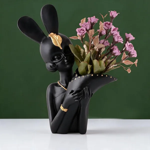 Resin_Artistic_Black_Rabbit_Bust_Floral_Figurine
