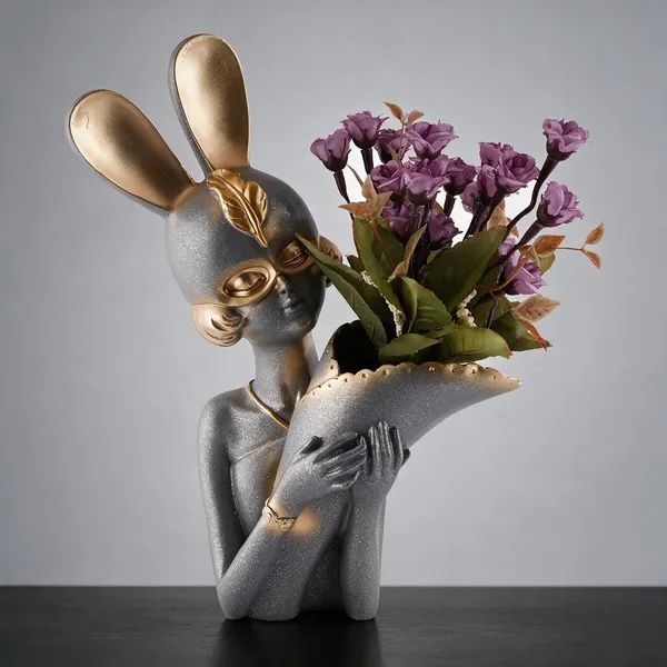 Resin_Artistic_Grey_Gold_Rabbit_Dolphin_Planter