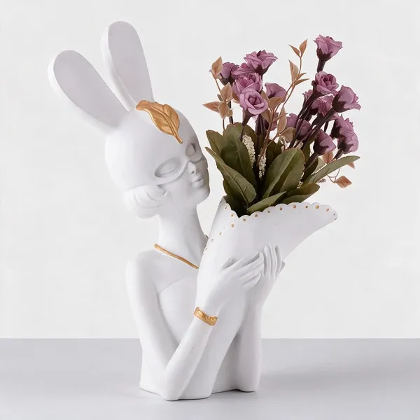 Resin_Decorative_White_Gold_Woman_Rabbit_Ears_Figurine_Vase