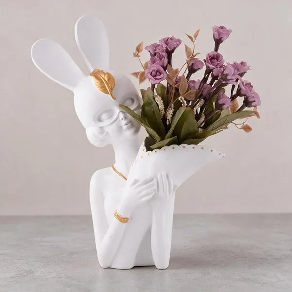 Resin_Decorative_White_Gold_Woman_Rabbit_Ears_Figurine_Vase