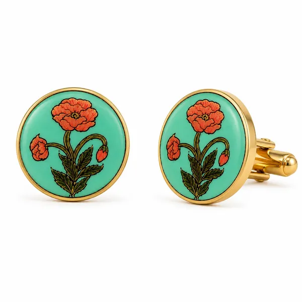 Green_Enamel_Floral_Round_Cufflinks_For_Men
