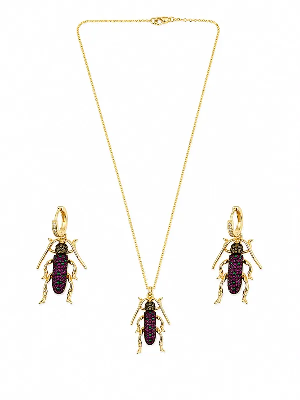 Gold_Tone_Beetle_Pendant_Necklace_And_Earrings_For_Women
