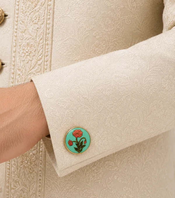 Green_Enamel_Floral_Round_Cufflinks_For_Men