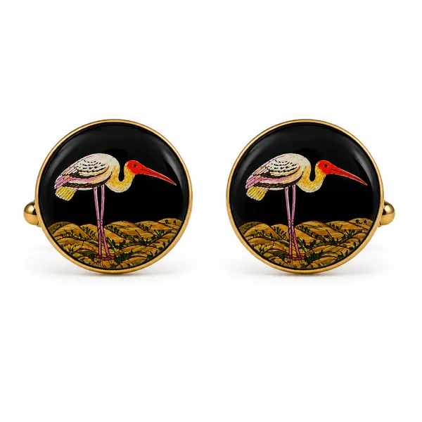 Gold_Tone_Crane_Motif_Round_Cufflinks_for_Men