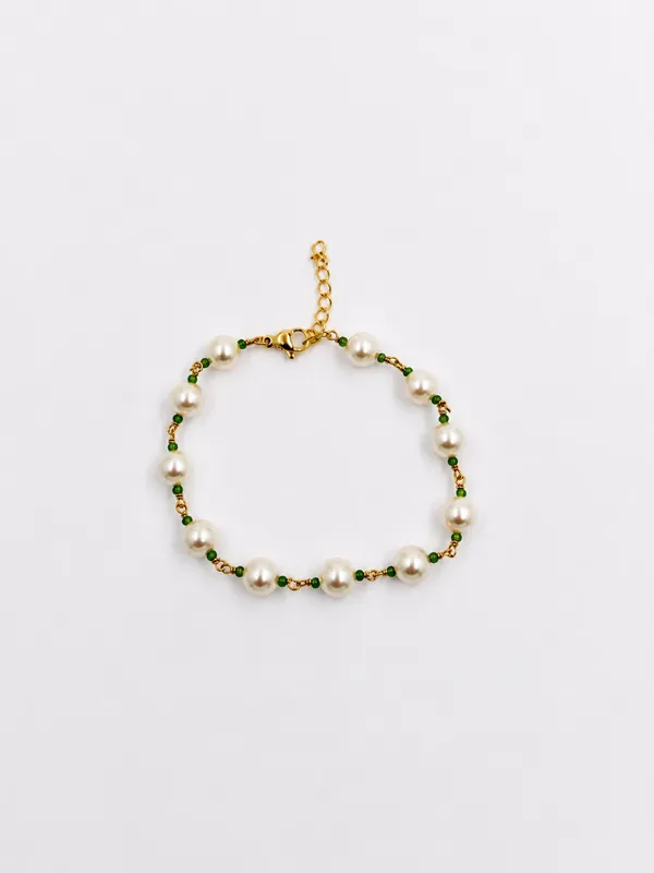 Gold_Tone_Pearl_And_Green_Bead_Bracelet_for_Women