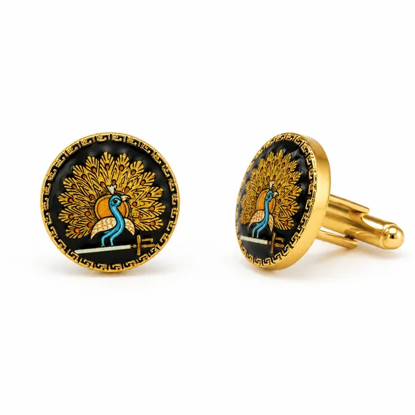 Black_Gold_Peacock_Motif_Round_Cufflinks_for_Men