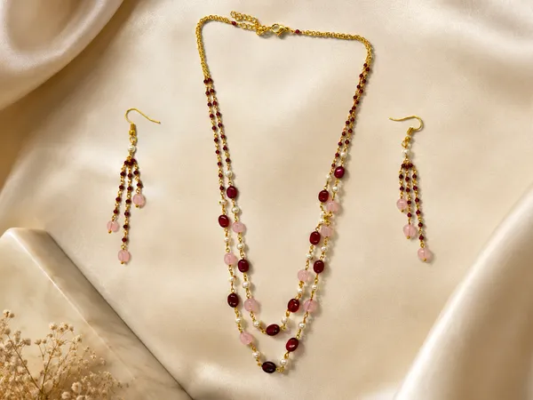 Gold_Tone_Beaded_Layered_Necklace_And_Earrings_Set_for_Women