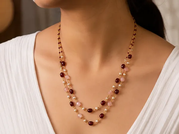 Gold_Tone_Beaded_Layered_Necklace_And_Earrings_Set_for_Women