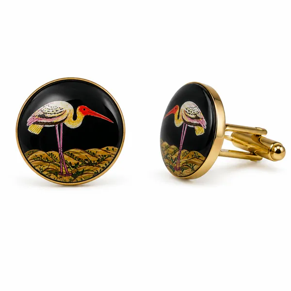 Gold_Tone_Crane_Motif_Round_Cufflinks_for_Men